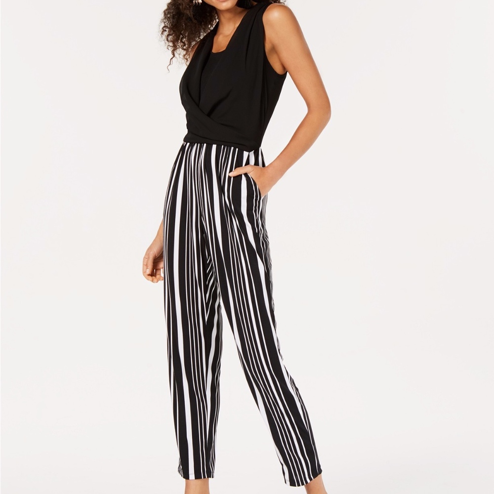 Bar III Draped Neck Striped Jumpsuit Pockets